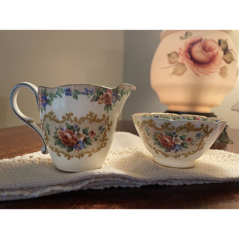 Vintage ENGLISH Bone China Sugar Bowl & Creamer Paragon Minuet Pattern Floral